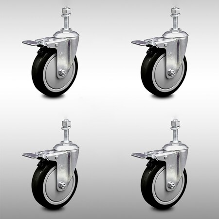 Service Caster 5 Inch SS Black Polyurethane 10mm Threaded Stem Caster Set Total Lock Brake SCC-SSTSTTL20S514-PPUB-BLK-M1015-4